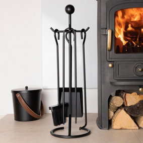 Cedar Fireside Companion Set with Poker Tongs Coal Shovel Brush Tool Stand Iron