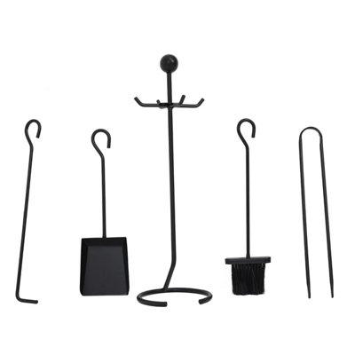 Valiant Fireside Companion Tool Set. Includes 4-Piece Set In Satin Black Finish Coal Shovel Tongs Poker Decorative Stand