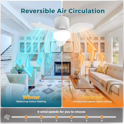 Ceiling Fan with Light, 65cm, 60W, 6 Speeds, Dimmable LED, Reversible ...