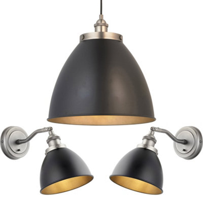 Ceiling Pendant & 2x Matching Wall Light - Matt Black Aged Pewter Finish