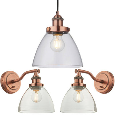 Ceiling Pendant & 2x Matching Wall Light Pack Aged Copper & Clear Glass Shade