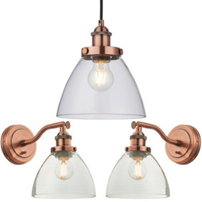 Ceiling Pendant & 2x Matching Wall Light Pack Aged Copper & Clear Glass Shade