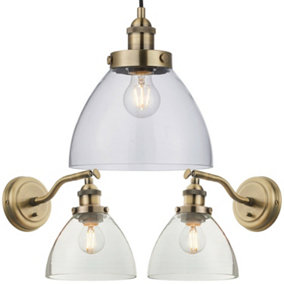Ceiling Pendant & 2x Matching Wall Light Pack Antique Brass & Clear Glass Shade