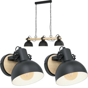 Ceiling Pendant & 2x Matching Wall Lights Black Industrial Shade & Wood Bar Lamp