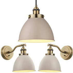 Ceiling Pendant Lamp & 2x Matching Wall Light Pack Industrial Grey Brass Shade
