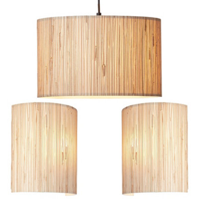 Ceiling Pendant Lamp & 2x Matching Wall Lights - Dimmable Natural Seagrass Drum Shades