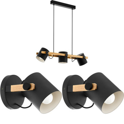 Ceiling Pendant Light & 2x Matching Wall Lights Black & Wood Adjustable Shade