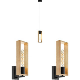 Ceiling Pendant Light & 2x Matching Wall Lights Black & Wood Box Modern Shade