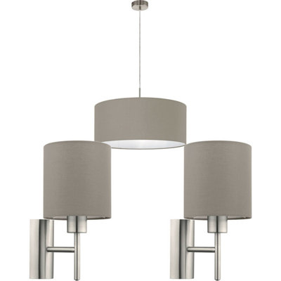 Ceiling Pendant Light & 2x Matching Wall Lights Satin Nickel Taupe