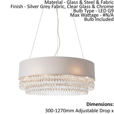 Ceiling Pendant Light - Silver Grey Fabric / Clear Glass & Chrome - 6x2.5W G9