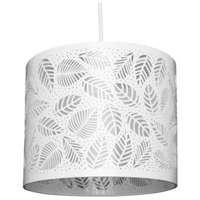 Ceiling Pendant Lightshade Silver Metal Drum with cut out Leaf Design and Ivory lining