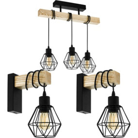 Ceiling Spot Light & 2x Matching Wall Lights Black Wire Cage & Wood Trendy Lamp