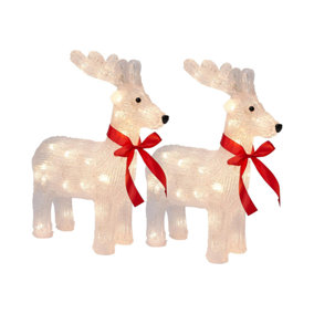 Celebright Acrylic Reindeer Christmas Decoration with Red Bow around Neck - 40 Warm White LED lights - Battery Operated - Set of 2