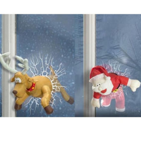 Celebright Christmas Crashing Santa and Reindeer Animated Decoration - Father Christmas and Rudolph Smash - Fits Any Window