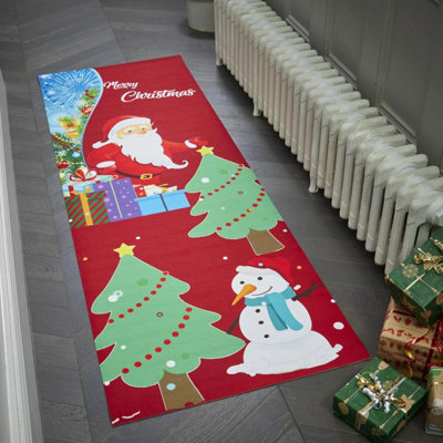 Celebright Christmas Floor Runner with Santa & Snowman Design - 180 x 60cm - Festive Xmas Décor Rug