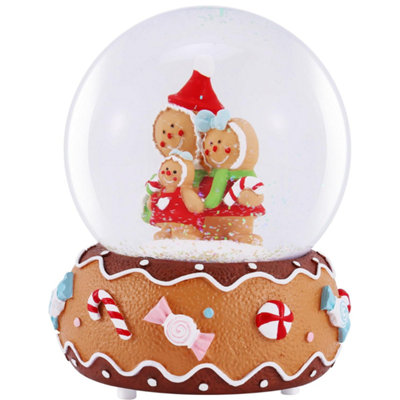 Celebright Christmas Musical Snow Globe - Plays 8 Songs With Changing LED Colours - Large 14cm - Gingerbread Family
