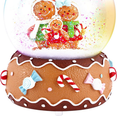 Celebright Christmas Musical Snow Globe - Plays 8 Songs With Changing LED Colours - Large 14cm - Gingerbread Family