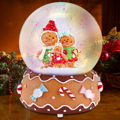 Celebright Christmas Musical Snow Globe - Plays 8 Songs With Changing LED Colours - Large 14cm - Gingerbread Family
