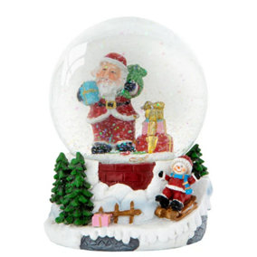 Celebright Christmas Musical Snow Globe - Plays 8 Songs With Changing LED Colours - Large 14cm - Santa & Child Sledging