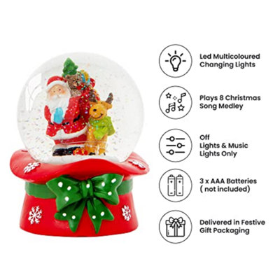 Celebright Christmas Musical Snow Globe - Plays 8 Songs With Changing LED Colours - Large 14cm - Santa & Rudolph on Festive Hat