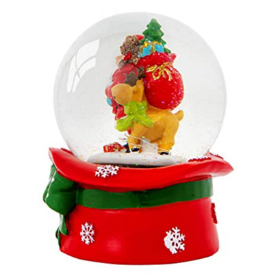 Celebright Christmas Musical Snow Globe - Plays 8 Songs With Changing LED Colours - Large 14cm - Santa & Rudolph on Festive Hat