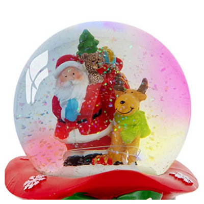 Celebright Christmas Musical Snow Globe - Plays 8 Songs With Changing LED Colours - Large 14cm - Santa & Rudolph on Festive Hat