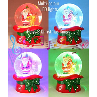 Celebright Christmas Musical Snow Globe - Plays 8 Songs With Changing LED Colours - Large 14cm - Santa & Rudolph on Festive Hat