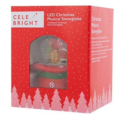 Celebright Christmas Musical Snow Globe - Plays 8 Songs With Changing LED Colours - Large 14cm - Santa & Rudolph on Festive Hat