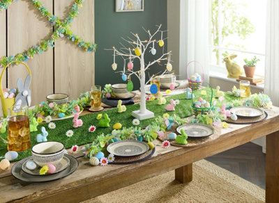 Celebright Easter Grass Runner - 180cm x 40cm - Includes 12 Easter Eggs, 12 Bunny Figurines and 30 Daisy Decorations