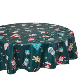 Celebright Festive Christmas PVC Tablecloth - 70in Round - Green Jolly Holiday