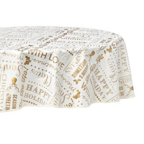 Celebright Festive Christmas PVC Tablecloth - 70in Round - Joyful Holiday Expressions Gold
