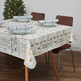 Celebright Festive Christmas PVC Tablecloth Set of 2 - Gold Joyful Holiday Expressions & Silver Blizzard Design - 52x70in