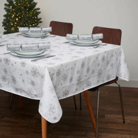 Celebright Festive Christmas PVC Tablecloth Set of 2 - Gold Joyful Holiday Expressions & Silver Blizzard Design - 52x90in