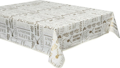 Celebright Festive Christmas PVC Tablecloth Set of 2 - Gold Joyful Holiday Expressions & Silver Blizzard Design - 52x90in