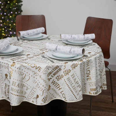 Celebright Festive Christmas PVC Tablecloth Set of 2 - Gold Joyful Holiday Expressions & Silver Blizzard Design - 70in Round