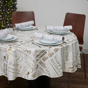Celebright Festive Christmas PVC Tablecloth Set of 2 - Gold Joyful Holiday Expressions & Silver Blizzard Design - 70in Round