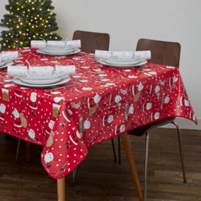 Celebright Festive PVC Tablecloth Set of 2 - Green Jolly Holiday & Santa's Festive Design, 70in Round - Perfect for Round Tables