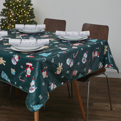 Celebright Festive PVC Tablecloth Set of 2 - Green Jolly Holiday & Santa's Festive Design, 70in Round - Perfect for Round Tables