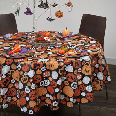 Celebright Halloween Celebration Pack of 2 PVC Tablecloth - Spooky Night Delight & Pumpkin Party - 70in Round