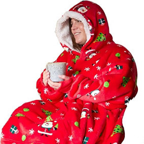 Celebright Oversized Christmas Themed Sherpa Wearable Hoodie Unisex Santa Design - Adult