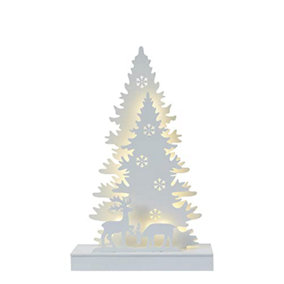 Celebright Pre-Lit Tree and Reindeer Scene - Wooden White Christmas Forest Scene with LED Atmosphere Lights - 38cm