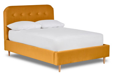 Celestia Contemporary Button Backed Fabric Bed Base Only 4FT Small Double- Verlour Mustard