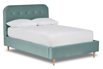 Celestia Contemporary Button Backed Fabric Bed Base Only 4FT Small Double- Verlour Sky Blue