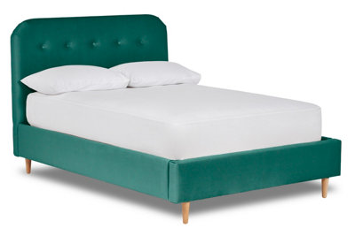 Celestia Contemporary Button Backed Fabric Bed Base Only 4FT6 Double- Verlour Deep Teal
