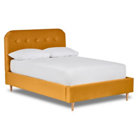 Celestia Contemporary Button Backed Fabric Bed Base Only 4FT6 Double- Verlour Mustard
