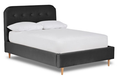 Celestia Contemporary Button Backed Fabric Bed Base Only 5FT King- Verlour Ebony