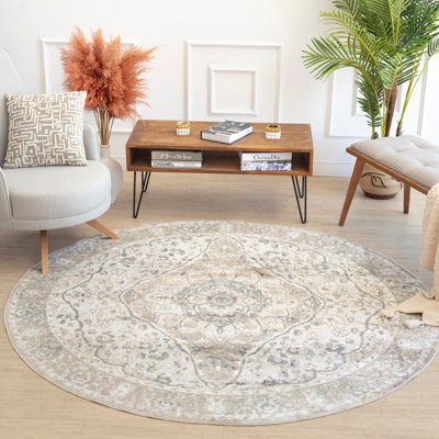 CELINE Round Machine Traditional Modern Boho Camel Rug 200 x 200 cm