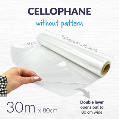 Cellophane Wrap Clear Wrapping Paper Roll (80cm Folded x 3000cm) Florist Cellophane Wrap (Clear - 2.5ml thick)