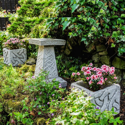 Celtic  Birdbath and a Pair of Planters