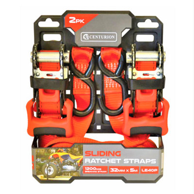 Centurion 2 x 5M Sliding Ratchet Strap 1200kg Load Break Strength 32mm High Quality PES Webbing